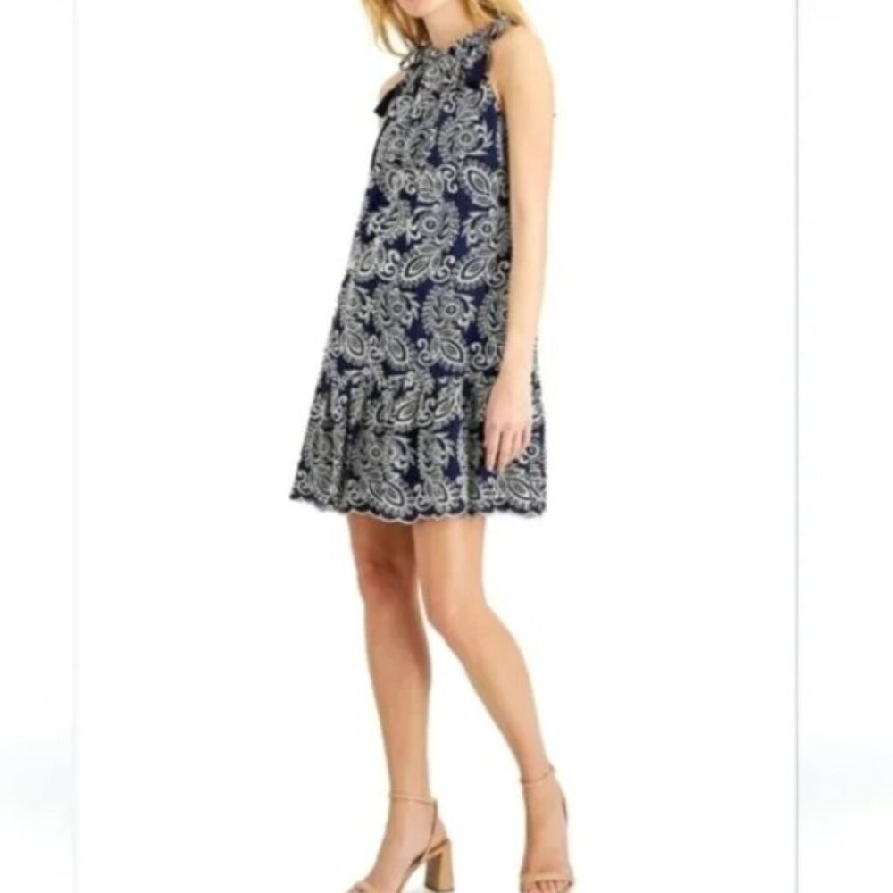 EUC Embroidered Floral & Paisley Pattern Shift Halter Dress w/Ruffled Hem